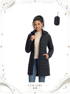 Women Packable Puffer Coat Slim Fit Water-Resistant Mid-Length Hooded Jacket
